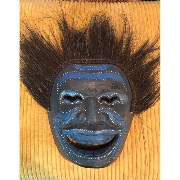 Handcrafted Balinese Wooden Mask Natural Hair Vegan Wall Decor - Picture 1 of 5
